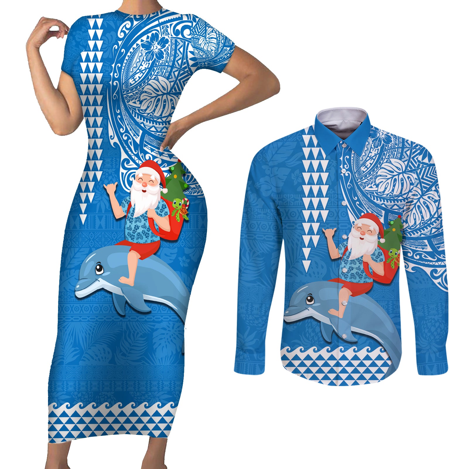 Hawaii Mele Kalikimaka Couples Matching Short Sleeve Bodycon Dress and Long Sleeve Button Shirt Santa Riding The DolPhin Mix Kakau Pattern Blue Style LT03 Blue - Polynesian Pride