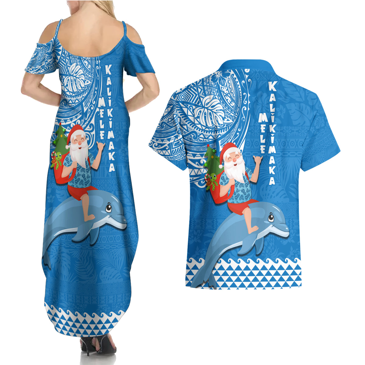 Hawaii Mele Kalikimaka Couples Matching Summer Maxi Dress and Hawaiian Shirt Santa Riding The DolPhin Mix Kakau Pattern Blue Style LT03 - Polynesian Pride