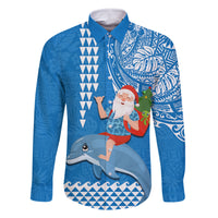 Hawaii Mele Kalikimaka Family Matching Mermaid Dress and Hawaiian Shirt Santa Riding The DolPhin Mix Kakau Pattern Blue Style LT03 Dad's Shirt - Long Sleeve Blue - Polynesian Pride