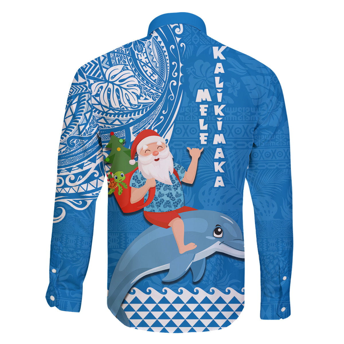 Hawaii Mele Kalikimaka Family Matching Off Shoulder Long Sleeve Dress and Hawaiian Shirt Santa Riding The DolPhin Mix Kakau Pattern Blue Style LT03 - Polynesian Pride