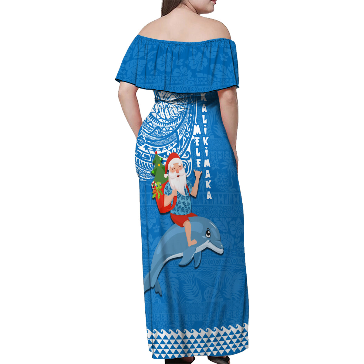 Hawaii Mele Kalikimaka Family Matching Off Shoulder Maxi Dress and Hawaiian Shirt Santa Riding The DolPhin Mix Kakau Pattern Blue Style LT03 - Polynesian Pride