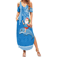 Hawaii Mele Kalikimaka Family Matching Summer Maxi Dress and Hawaiian Shirt Santa Riding The DolPhin Mix Kakau Pattern Blue Style LT03 Mom's Dress Blue - Polynesian Pride