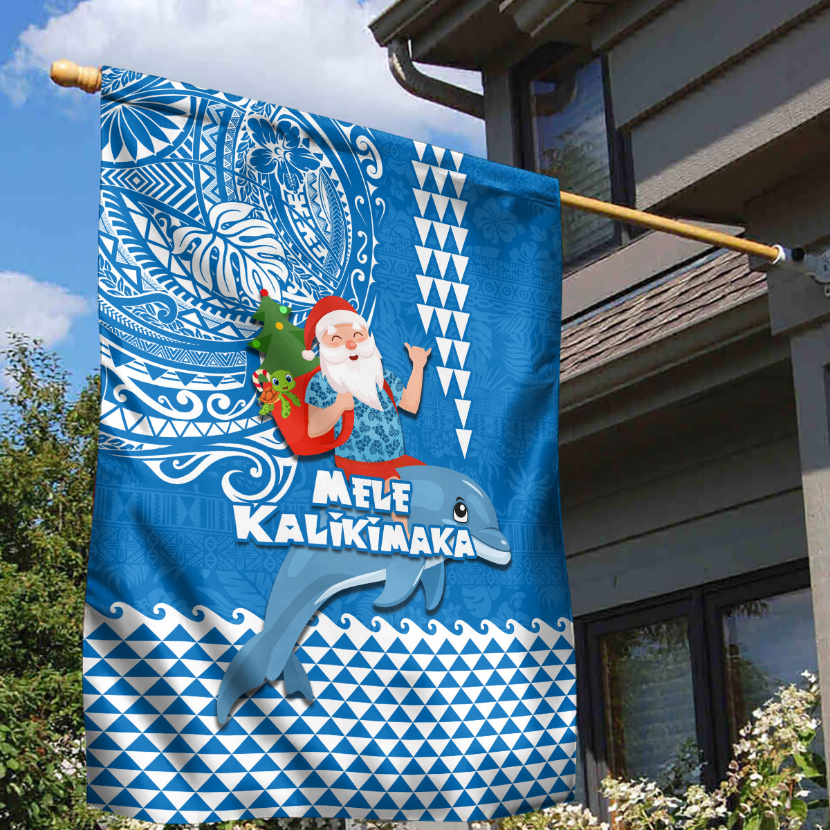 Hawaii Mele Kalikimaka Garden Flag Santa Riding The DolPhin Mix Kakau Pattern Blue Style LT03 - Polynesian Pride