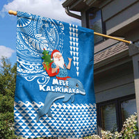 Hawaii Mele Kalikimaka Garden Flag Santa Riding The DolPhin Mix Kakau Pattern Blue Style LT03 - Polynesian Pride