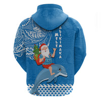 Hawaii Mele Kalikimaka Hoodie Santa Riding The DolPhin Mix Kakau Pattern Blue Style LT03 - Polynesian Pride