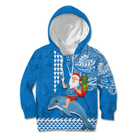 Hawaii Mele Kalikimaka Kid Hoodie Santa Riding The DolPhin Mix Kakau Pattern Blue Style LT03 Blue - Polynesian Pride