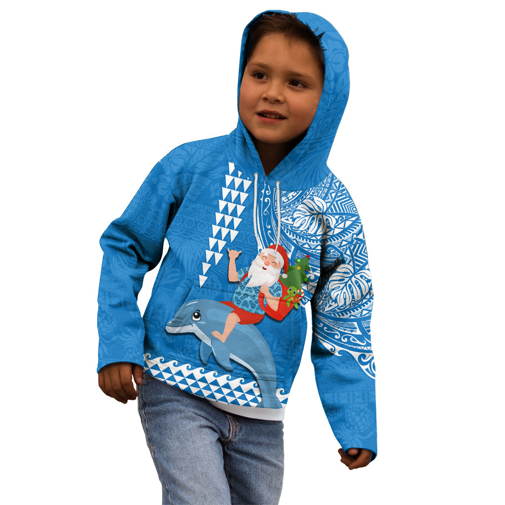 Hawaii Mele Kalikimaka Kid Hoodie Santa Riding The DolPhin Mix Kakau Pattern Blue Style LT03 - Polynesian Pride