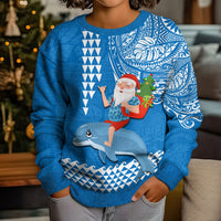 Hawaii Mele Kalikimaka Kid Ugly Christmas Sweater Santa Riding The DolPhin Mix Kakau Pattern Blue Style LT03 - Polynesian Pride