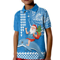 Hawaii Mele Kalikimaka Kid Polo Shirt Santa Riding The DolPhin Mix Kakau Pattern Blue Style LT03 Kid Blue - Polynesian Pride