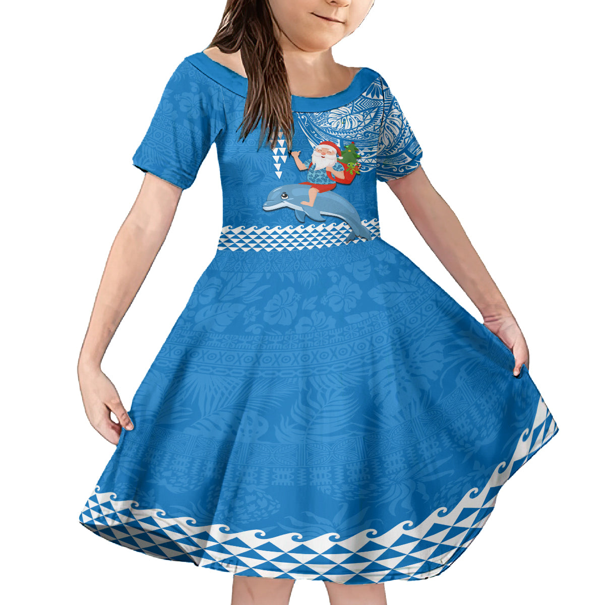 Hawaii Mele Kalikimaka Kid Short Sleeve Dress Santa Riding The DolPhin Mix Kakau Pattern Blue Style LT03 KID Blue - Polynesian Pride