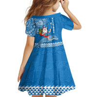 Hawaii Mele Kalikimaka Kid Short Sleeve Dress Santa Riding The DolPhin Mix Kakau Pattern Blue Style LT03 - Polynesian Pride