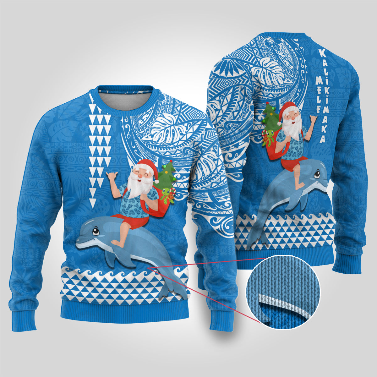 Hawaii Mele Kalikimaka Ugly Christmas Sweater Santa Riding The DolPhin Mix Kakau Pattern Blue Style LT03 Blue - Polynesian Pride