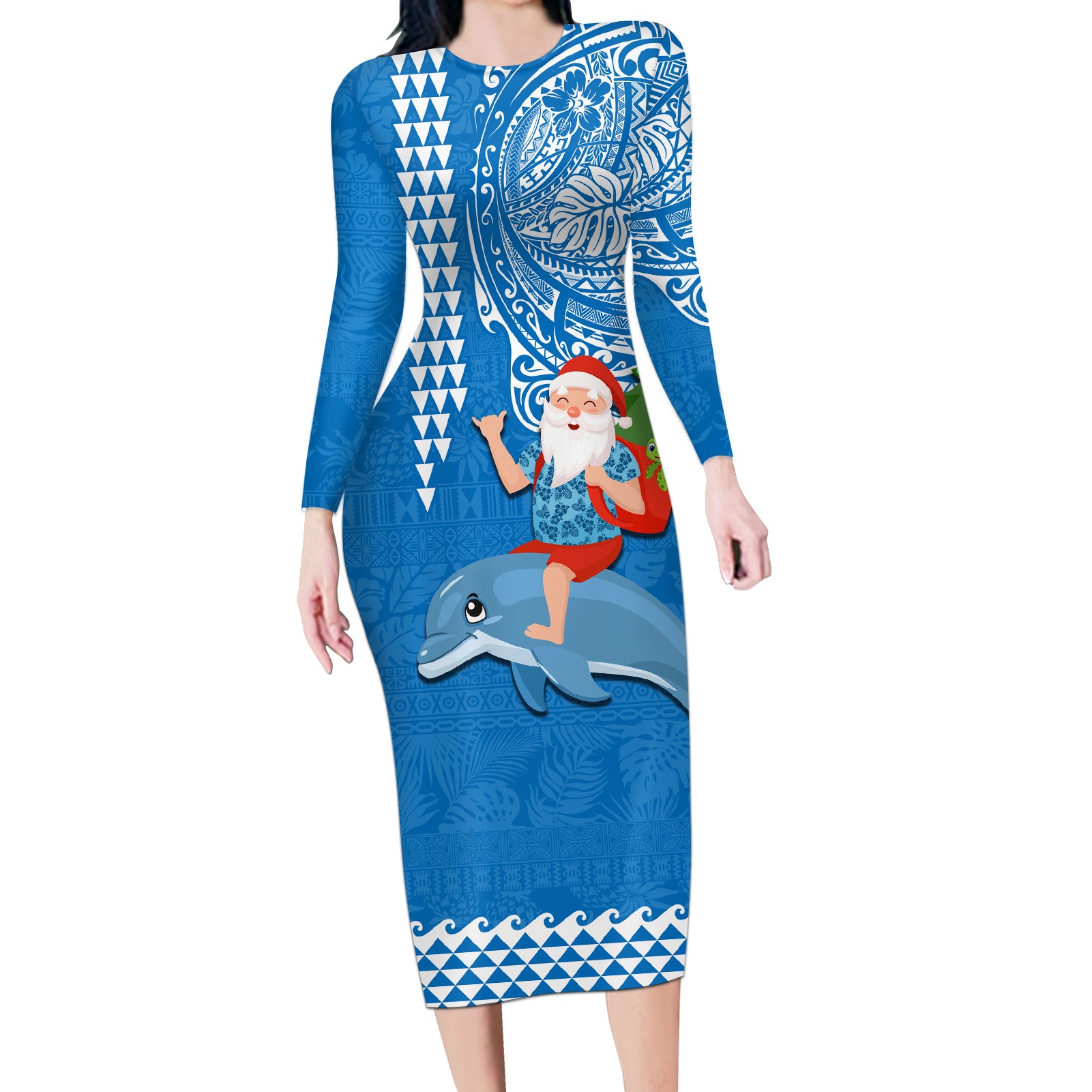 Hawaii Mele Kalikimaka Long Sleeve Bodycon Dress Santa Riding The DolPhin Mix Kakau Pattern Blue Style LT03 Long Dress Blue - Polynesian Pride