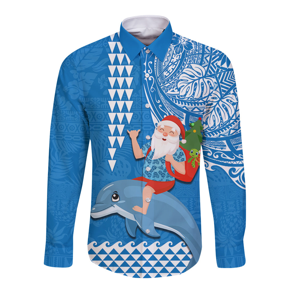 Hawaii Mele Kalikimaka Long Sleeve Button Shirt Santa Riding The DolPhin Mix Kakau Pattern Blue Style LT03 Unisex Blue - Polynesian Pride