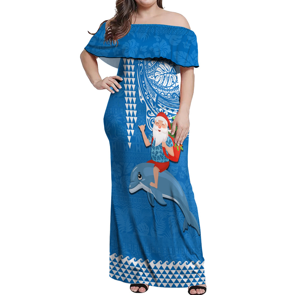 Hawaii Mele Kalikimaka Off Shoulder Maxi Dress Santa Riding The DolPhin Mix Kakau Pattern Blue Style LT03 Women Blue - Polynesian Pride