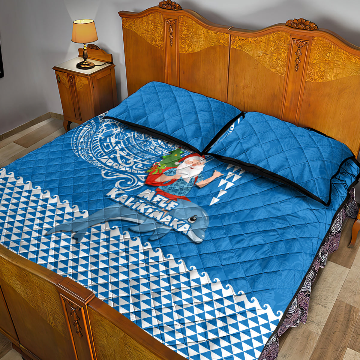 Hawaii Mele Kalikimaka Quilt Bed Set Santa Riding The DolPhin Mix Kakau Pattern Blue Style LT03 - Polynesian Pride