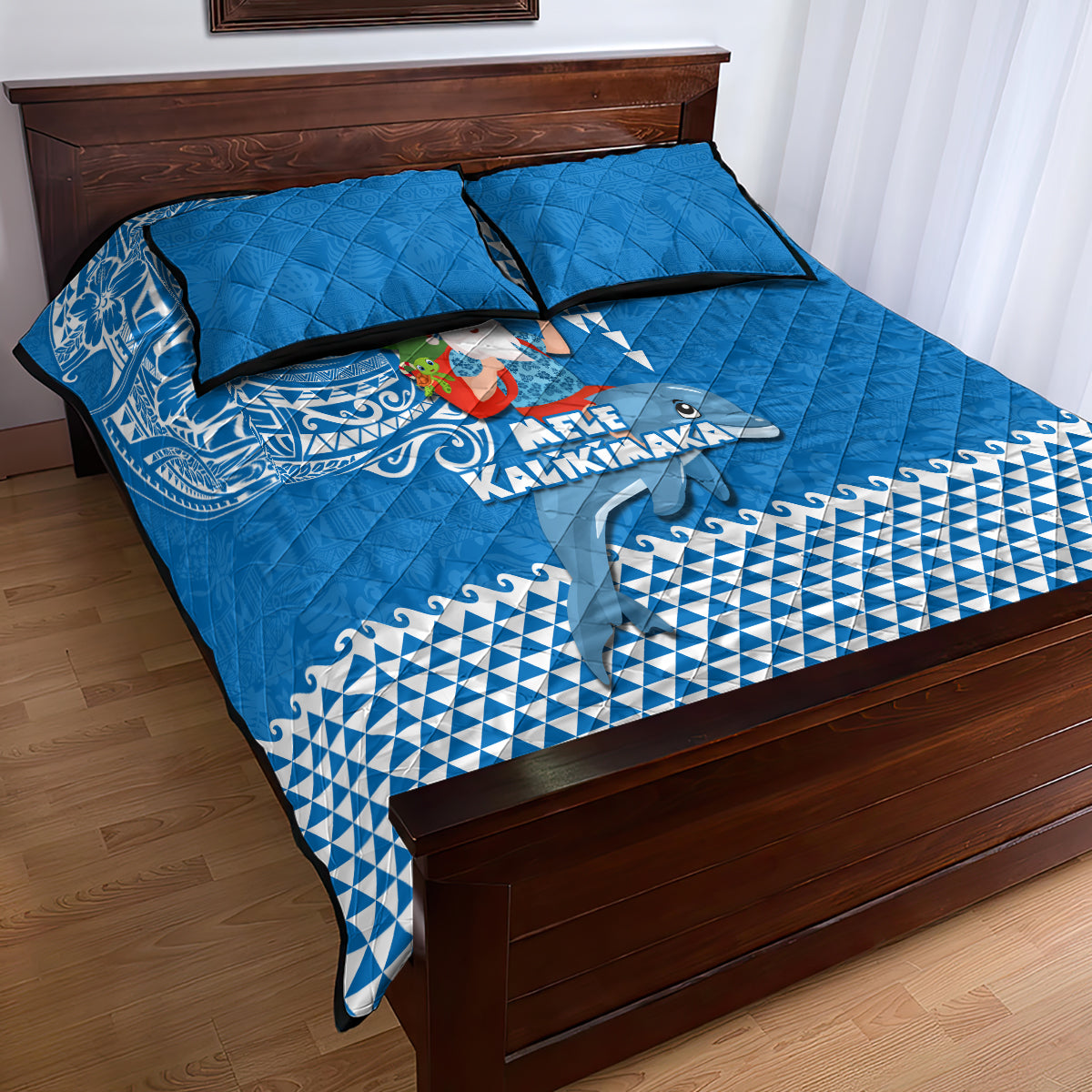 Hawaii Mele Kalikimaka Quilt Bed Set Santa Riding The DolPhin Mix Kakau Pattern Blue Style LT03 - Polynesian Pride