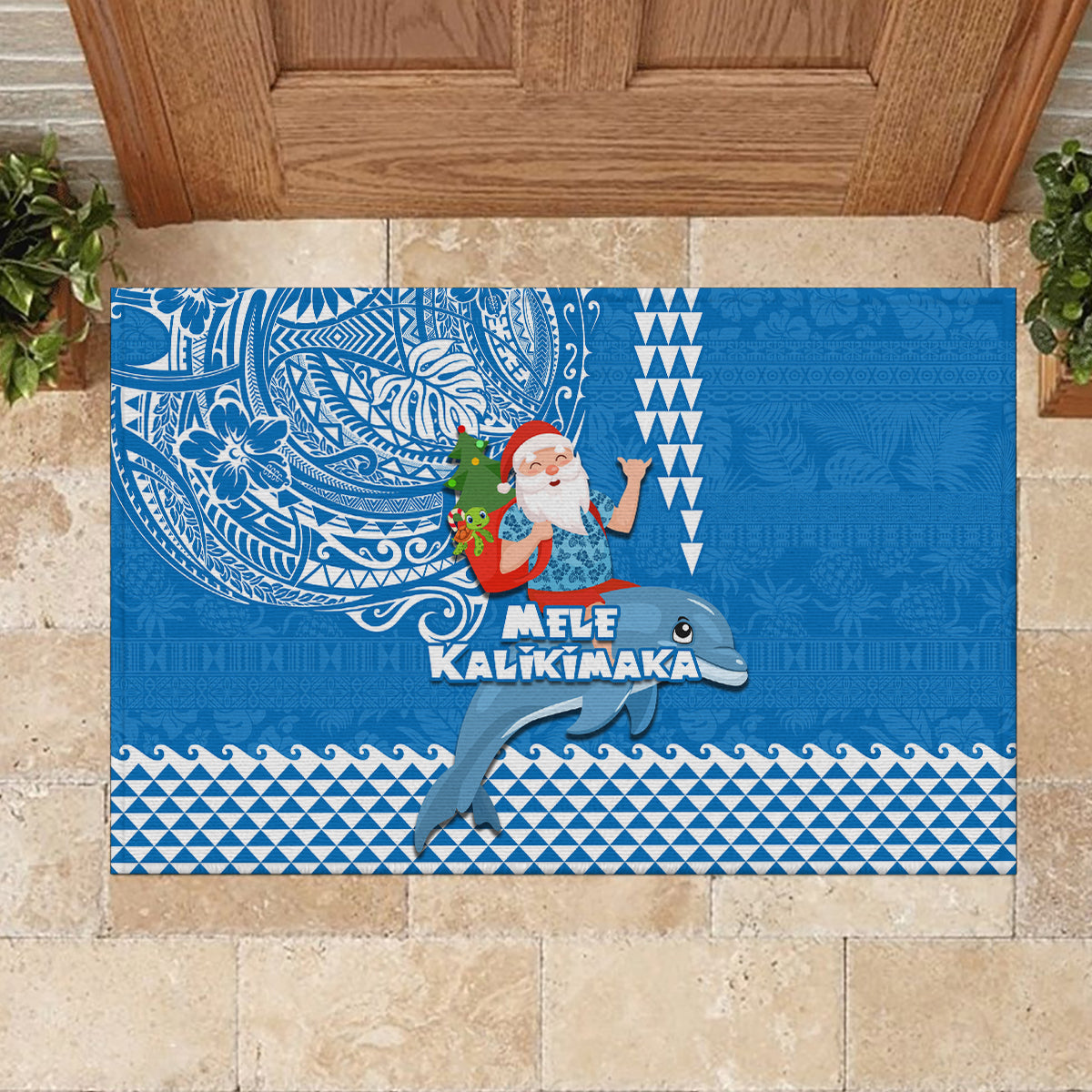 Hawaii Mele Kalikimaka Rubber Doormat Santa Riding The DolPhin Mix Kakau Pattern Blue Style LT03 - Polynesian Pride