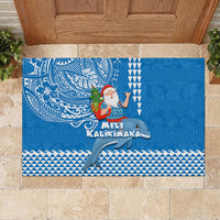 Hawaii Mele Kalikimaka Rubber Doormat Santa Riding The DolPhin Mix Kakau Pattern Blue Style LT03 - Polynesian Pride
