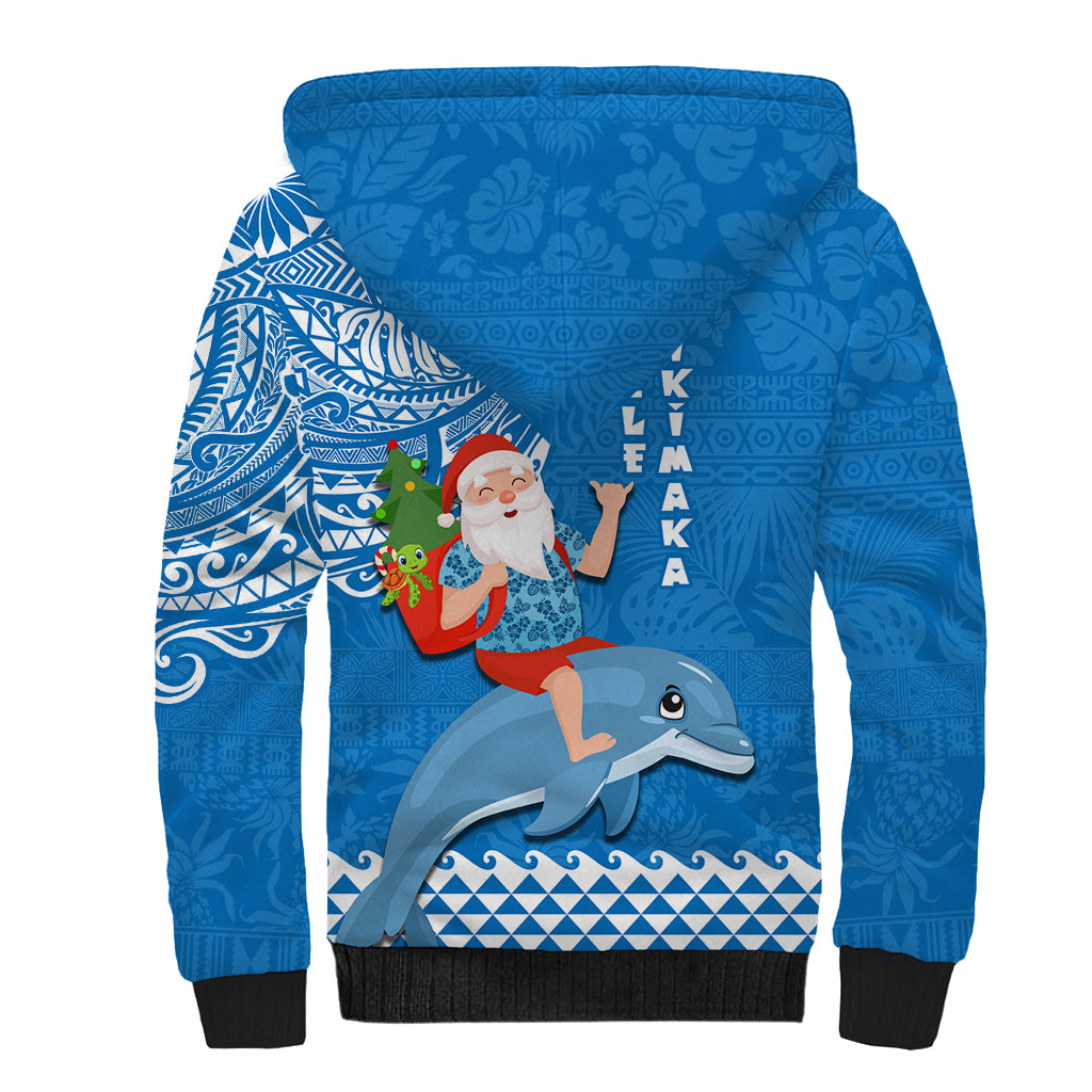 Hawaii Mele Kalikimaka Sherpa Hoodie Santa Riding The DolPhin Mix Kakau Pattern Blue Style LT03 - Polynesian Pride