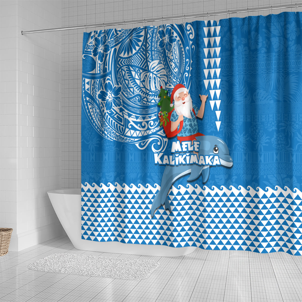 Hawaii Mele Kalikimaka Shower Curtain Santa Riding The DolPhin Mix Kakau Pattern Blue Style LT03 - Polynesian Pride