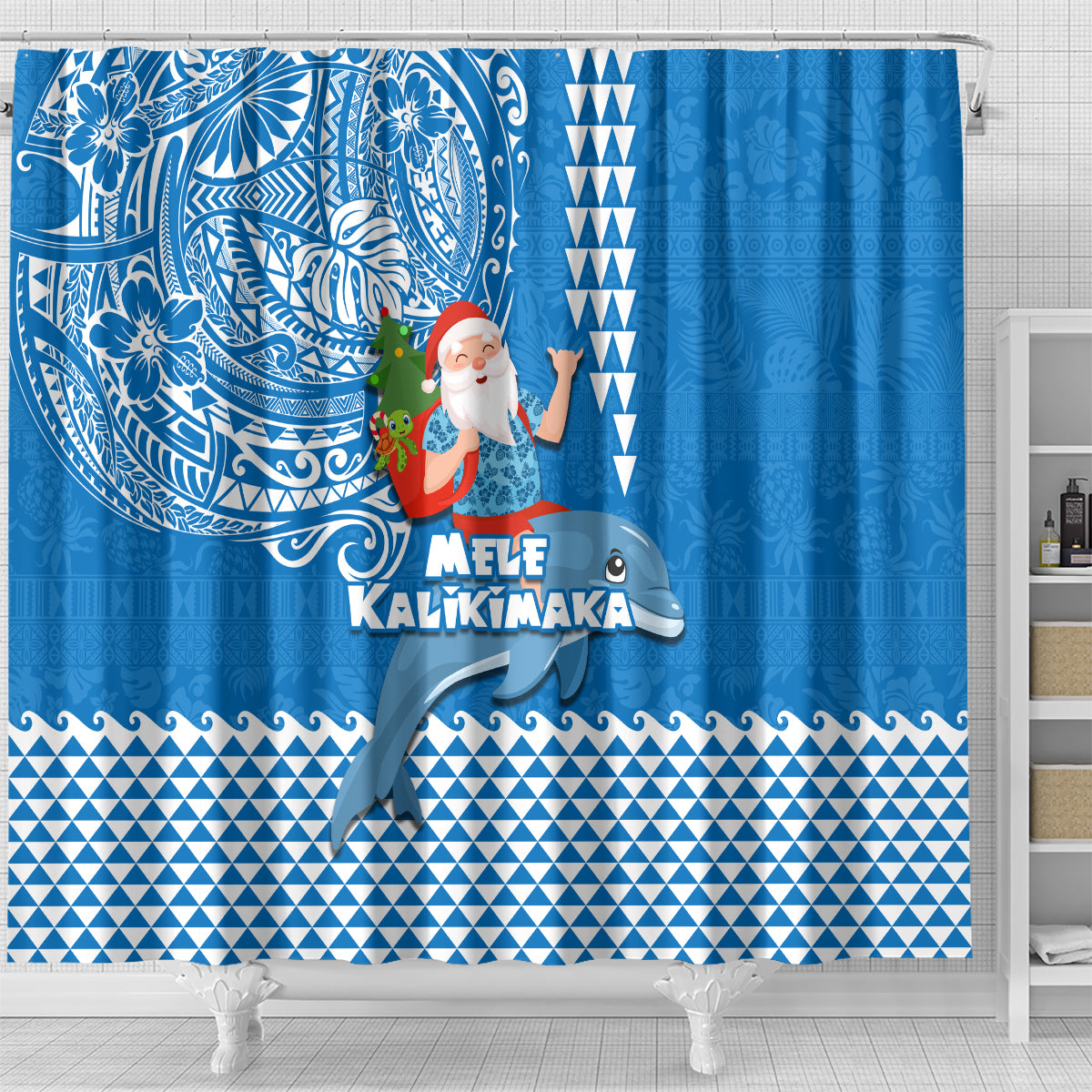 Hawaii Mele Kalikimaka Shower Curtain Santa Riding The DolPhin Mix Kakau Pattern Blue Style LT03 - Polynesian Pride