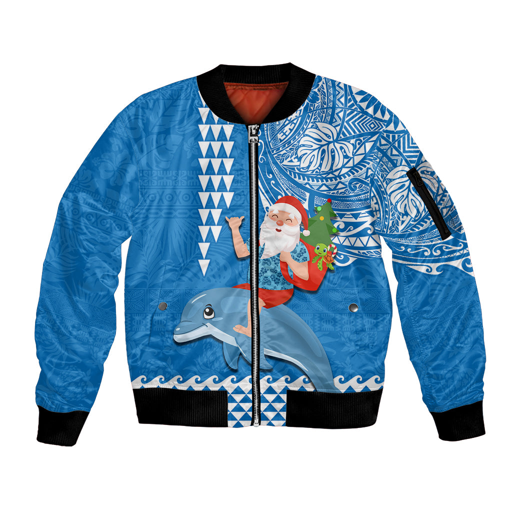 Hawaii Mele Kalikimaka Sleeve Zip Bomber Jacket Santa Riding The DolPhin Mix Kakau Pattern Blue Style LT03 Unisex Blue - Polynesian Pride