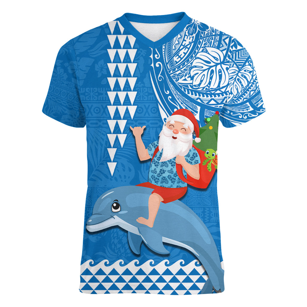 Hawaii Mele Kalikimaka Women V Neck T Shirt Santa Riding The DolPhin Mix Kakau Pattern Blue Style LT03 Female Blue - Polynesian Pride