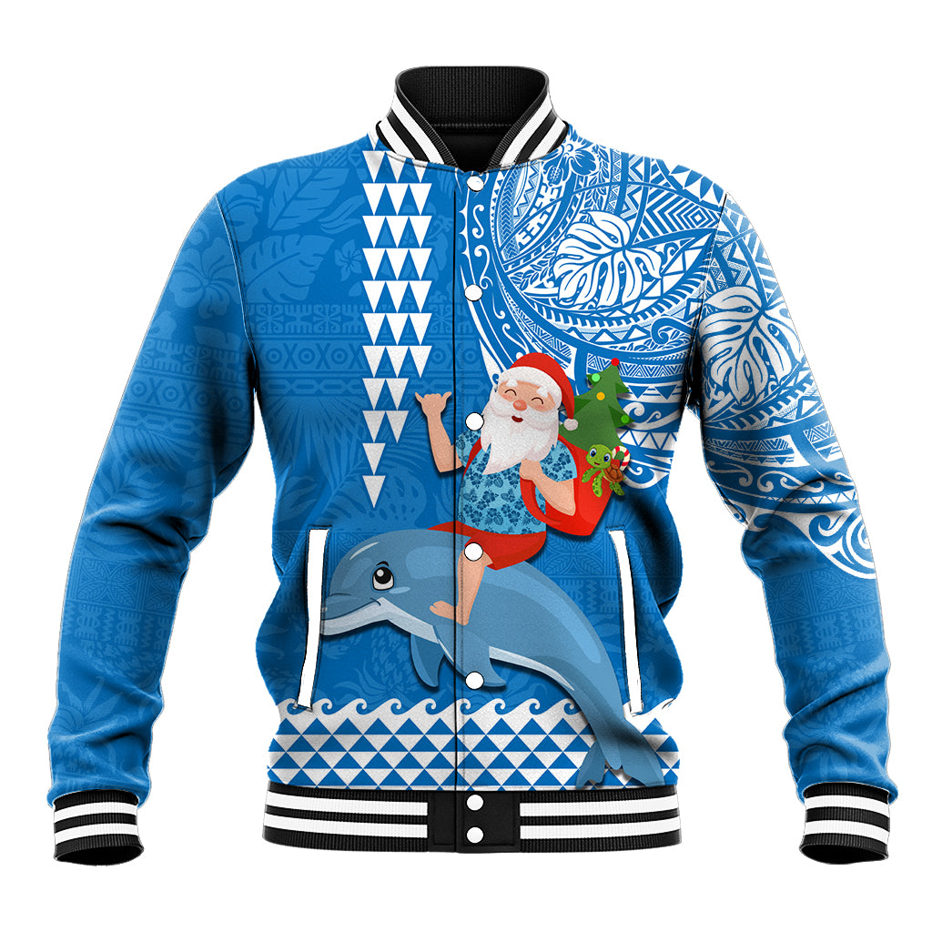 Custom Hawaii Mele Kalikimaka Baseball Jacket Santa Riding The DolPhin Mix Kakau Pattern Blue Style LT03 Unisex Blue - Polynesian Pride