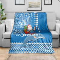Custom Hawaii Mele Kalikimaka Blanket Santa Riding The DolPhin Mix Kakau Pattern Blue Style LT03 - Polynesian Pride