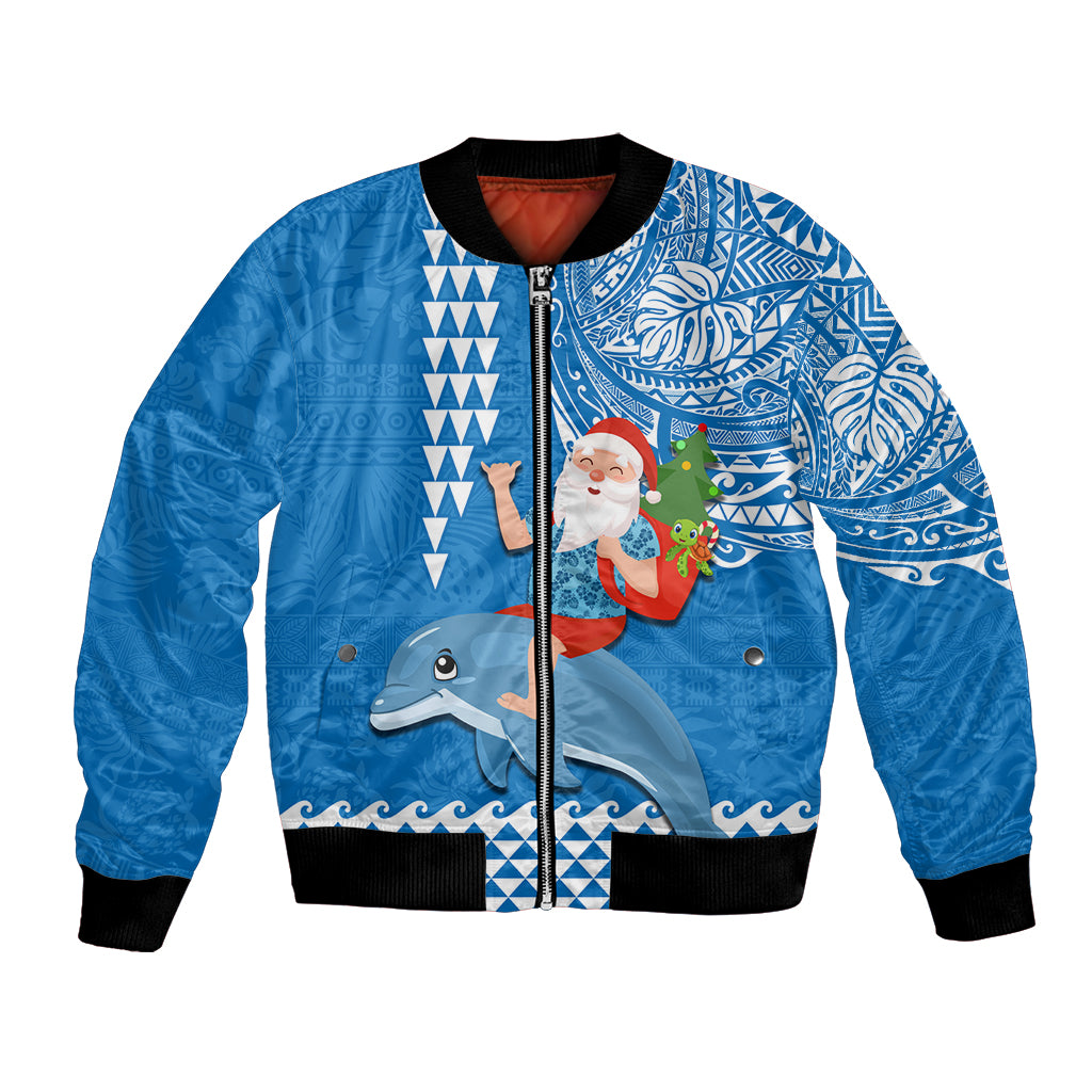 Custom Hawaii Mele Kalikimaka Bomber Jacket Santa Riding The DolPhin Mix Kakau Pattern Blue Style LT03 Unisex Blue - Polynesian Pride