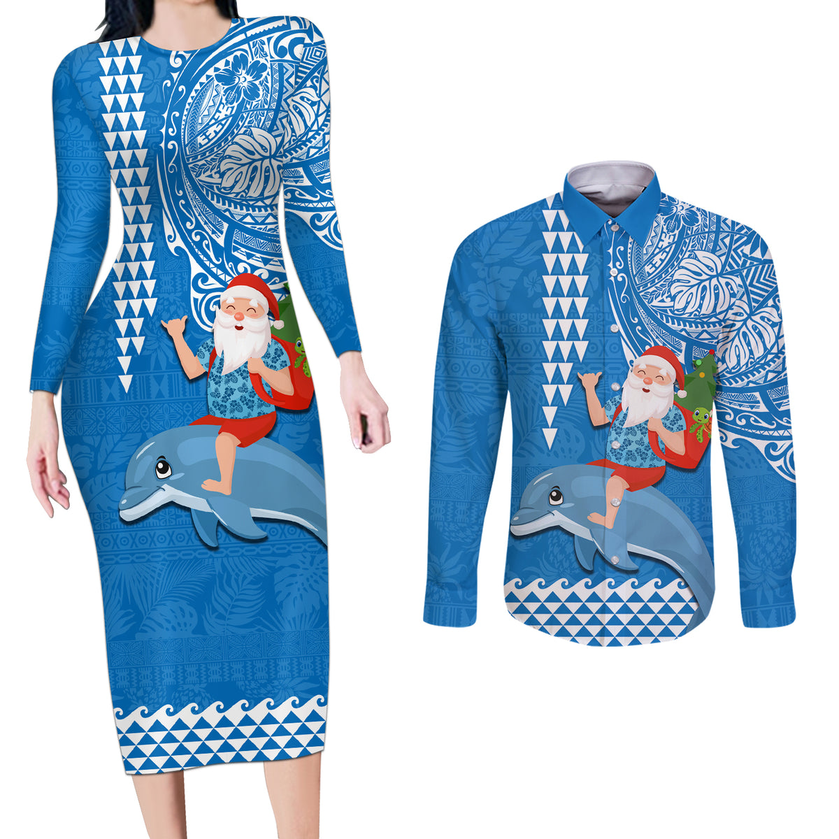 Custom Hawaii Mele Kalikimaka Couples Matching Long Sleeve Bodycon Dress and Long Sleeve Button Shirt Santa Riding The DolPhin Mix Kakau Pattern Blue Style LT03 Blue - Polynesian Pride