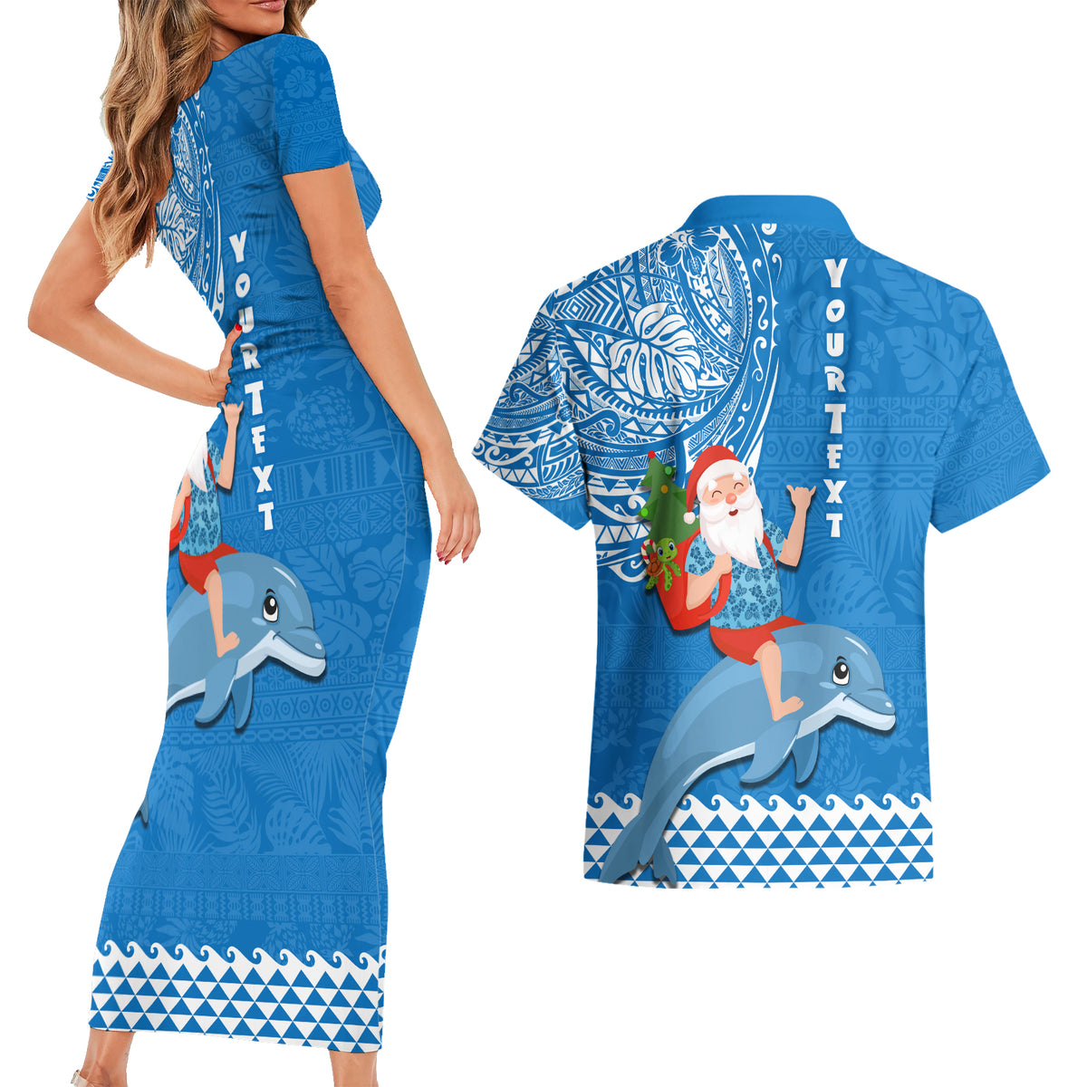 Custom Hawaii Mele Kalikimaka Couples Matching Short Sleeve Bodycon Dress and Hawaiian Shirt Santa Riding The DolPhin Mix Kakau Pattern Blue Style LT03 - Polynesian Pride