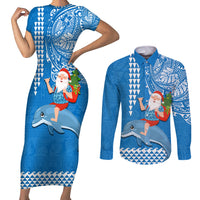 Custom Hawaii Mele Kalikimaka Couples Matching Short Sleeve Bodycon Dress and Long Sleeve Button Shirt Santa Riding The DolPhin Mix Kakau Pattern Blue Style LT03 Blue - Polynesian Pride