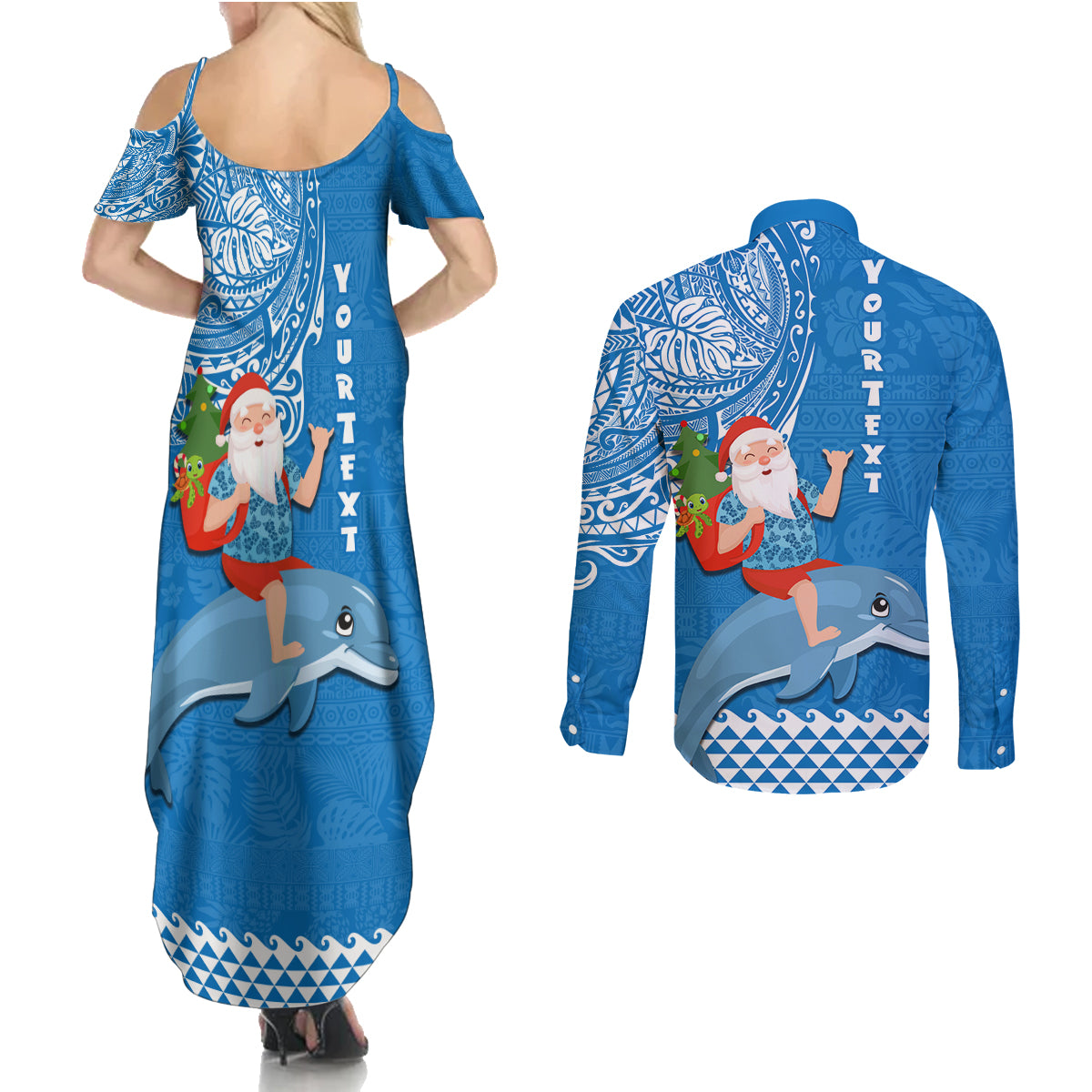 Custom Hawaii Mele Kalikimaka Couples Matching Summer Maxi Dress and Long Sleeve Button Shirt Santa Riding The DolPhin Mix Kakau Pattern Blue Style LT03 - Polynesian Pride