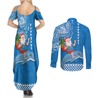 Custom Hawaii Mele Kalikimaka Couples Matching Summer Maxi Dress and Long Sleeve Button Shirt Santa Riding The DolPhin Mix Kakau Pattern Blue Style LT03 - Polynesian Pride