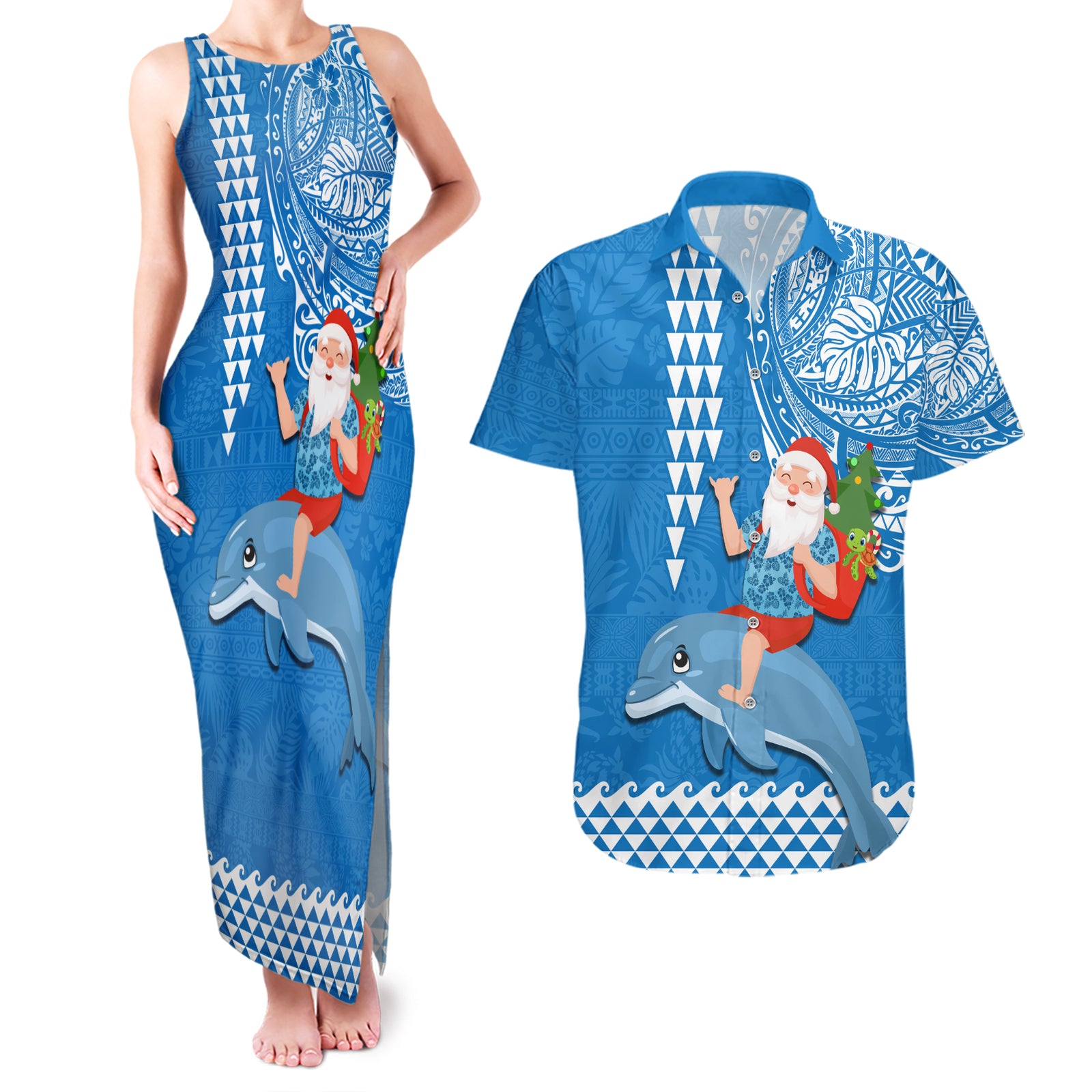 Custom Hawaii Mele Kalikimaka Couples Matching Tank Maxi Dress and Hawaiian Shirt Santa Riding The DolPhin Mix Kakau Pattern Blue Style LT03 Blue - Polynesian Pride