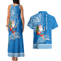 Custom Hawaii Mele Kalikimaka Couples Matching Tank Maxi Dress and Hawaiian Shirt Santa Riding The DolPhin Mix Kakau Pattern Blue Style LT03 - Polynesian Pride