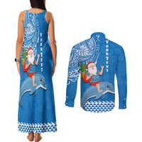 Custom Hawaii Mele Kalikimaka Couples Matching Tank Maxi Dress and Long Sleeve Button Shirt Santa Riding The DolPhin Mix Kakau Pattern Blue Style LT03 - Polynesian Pride