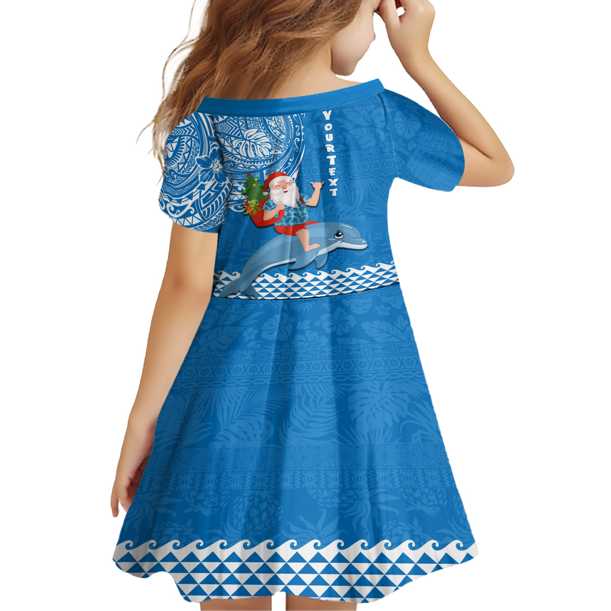 Custom Hawaii Mele Kalikimaka Family Matching Short Sleeve Bodycon Dress and Hawaiian Shirt Santa Riding The DolPhin Mix Kakau Pattern Blue Style LT03 - Polynesian Pride