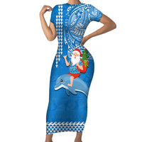 Custom Hawaii Mele Kalikimaka Family Matching Short Sleeve Bodycon Dress and Hawaiian Shirt Santa Riding The DolPhin Mix Kakau Pattern Blue Style LT03 Mom's Dress Blue - Polynesian Pride