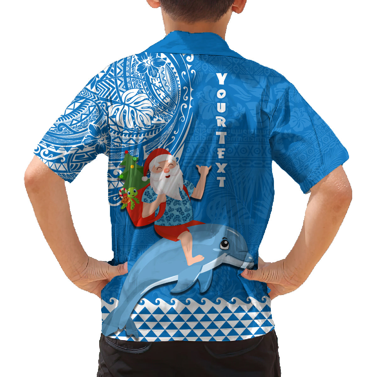 Custom Hawaii Mele Kalikimaka Family Matching Tank Maxi Dress and Hawaiian Shirt Santa Riding The DolPhin Mix Kakau Pattern Blue Style LT03 - Polynesian Pride