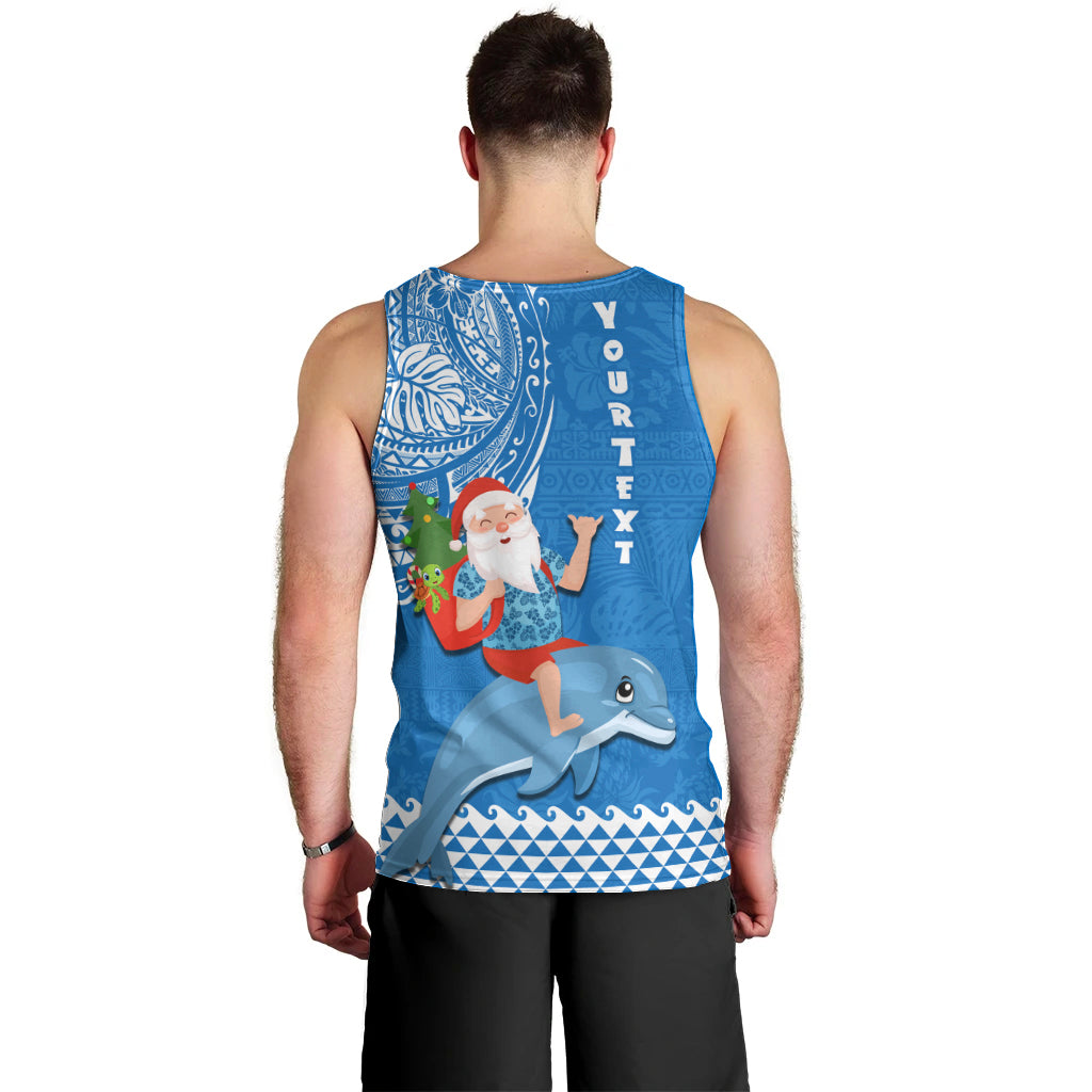 Custom Hawaii Mele Kalikimaka Men Tank Top Santa Riding The DolPhin Mix Kakau Pattern Blue Style LT03 - Polynesian Pride