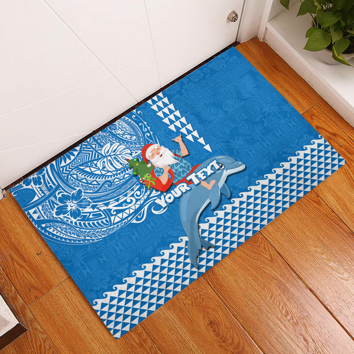Custom Hawaii Mele Kalikimaka Rubber Doormat Santa Riding The DolPhin Mix Kakau Pattern Blue Style LT03 Blue - Polynesian Pride