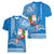 Custom Hawaii Mele Kalikimaka Women V Neck T Shirt Santa Riding The DolPhin Mix Kakau Pattern Blue Style LT03 - Polynesian Pride