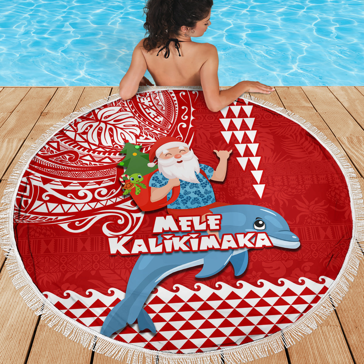 Hawaii Mele Kalikimaka Beach Blanket Santa Riding The DolPhin Mix Kakau Pattern Red Style LT03 - Polynesian Pride