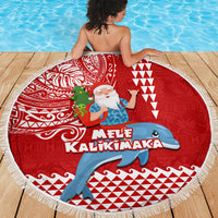 Hawaii Mele Kalikimaka Beach Blanket Santa Riding The DolPhin Mix Kakau Pattern Red Style LT03 - Polynesian Pride