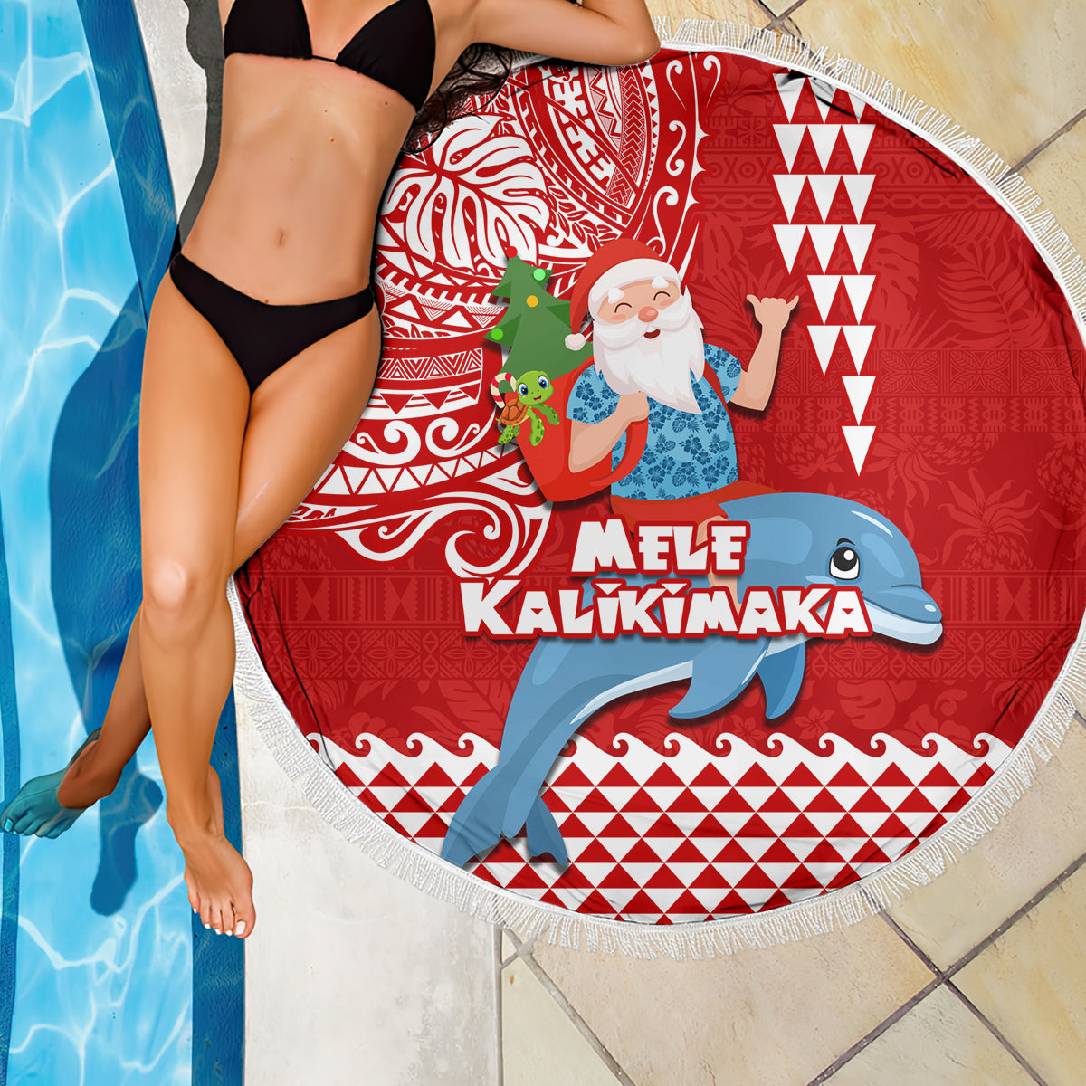 Hawaii Mele Kalikimaka Beach Blanket Santa Riding The DolPhin Mix Kakau Pattern Red Style LT03 - Polynesian Pride