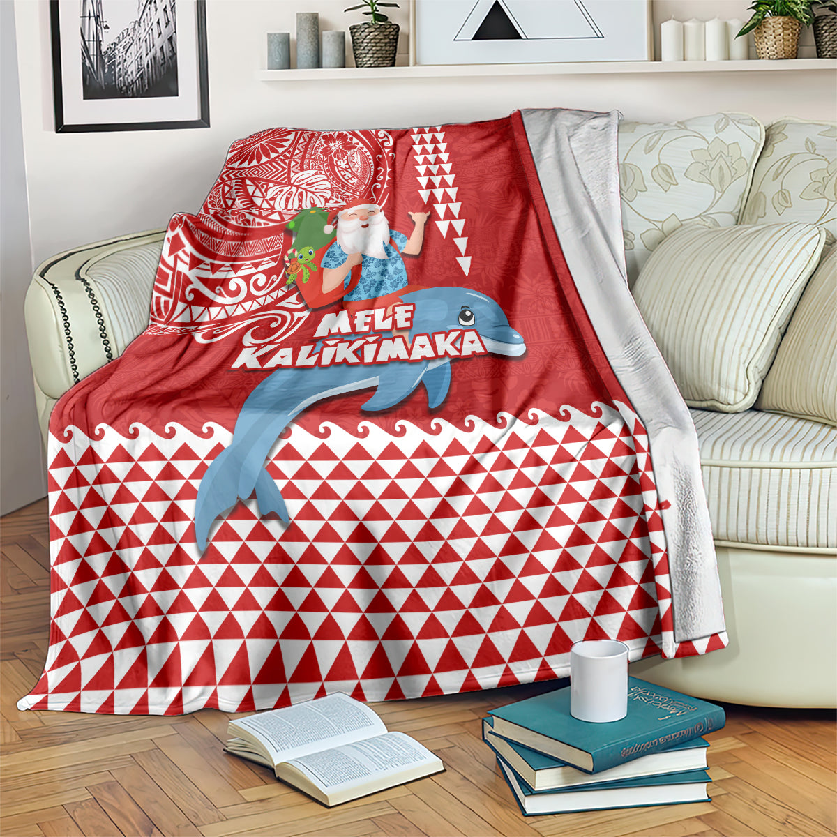 Hawaii Mele Kalikimaka Blanket Santa Riding The DolPhin Mix Kakau Pattern Red Style LT03 - Polynesian Pride