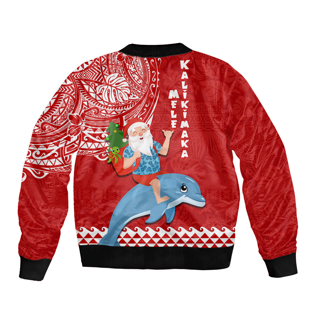 Hawaii Mele Kalikimaka Bomber Jacket Santa Riding The DolPhin Mix Kakau Pattern Red Style LT03 - Polynesian Pride